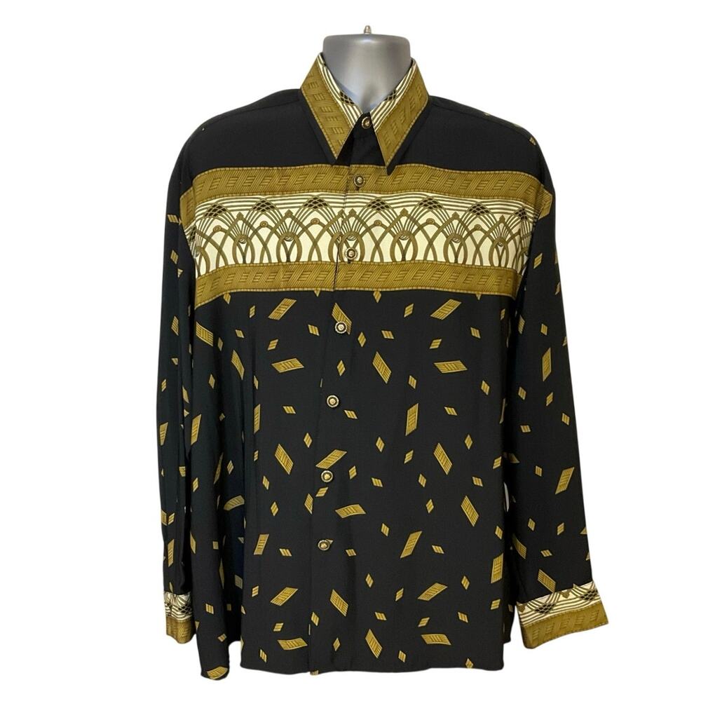 Vintage Bertelli USA Shirt Large Black Gold Geometric 90s Button Down